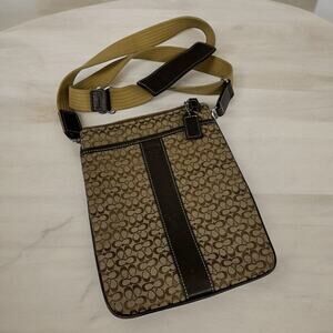 Coach Canvas Leather Trim Tan Brown Crossbody Filebag Signature Travel Purse
